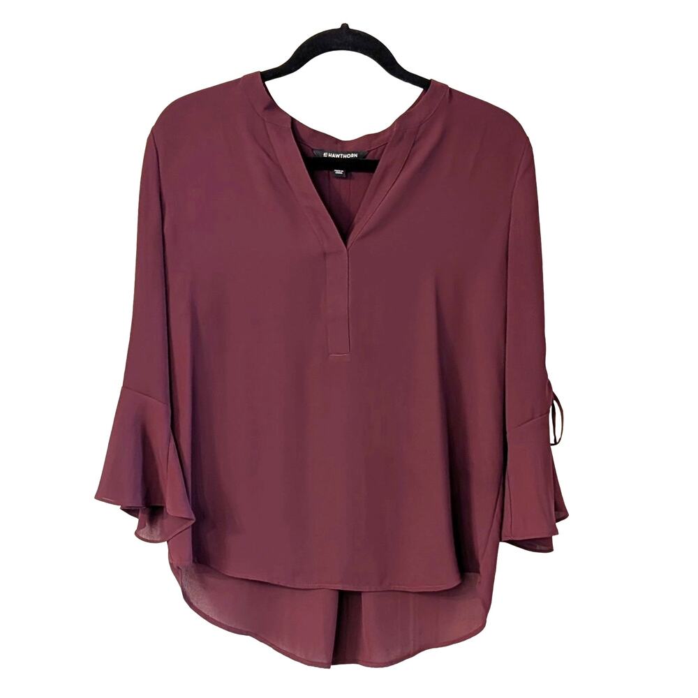 41 Hawthorn Burgundy Bell Sleeve Blouse M V Neck Tie Sleeve Hi Low Top Career